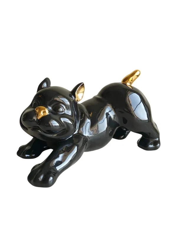 Playful_French_Bulldog_-_Glossy_Black_&_Gold_Ceramic_Dog_Sculpture_(Stretching_Pose)