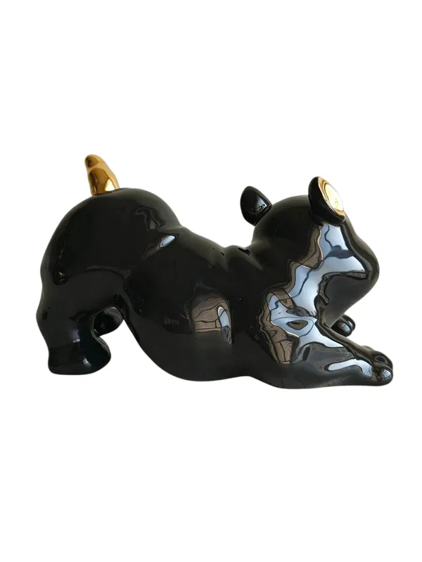 Playful_French_Bulldog_-_Glossy_Black_&_Gold_Ceramic_Dog_Sculpture_(Stretching_Pose)