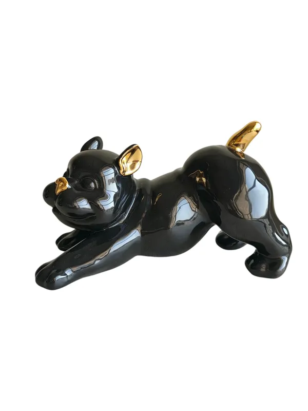 Playful_French_Bulldog_-_Glossy_Black_&_Gold_Ceramic_Dog_Sculpture_(Stretching_Pose)
