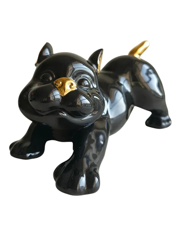 Playful_French_Bulldog_-_Glossy_Black_&_Gold_Ceramic_Dog_Sculpture_(Stretching_Pose)