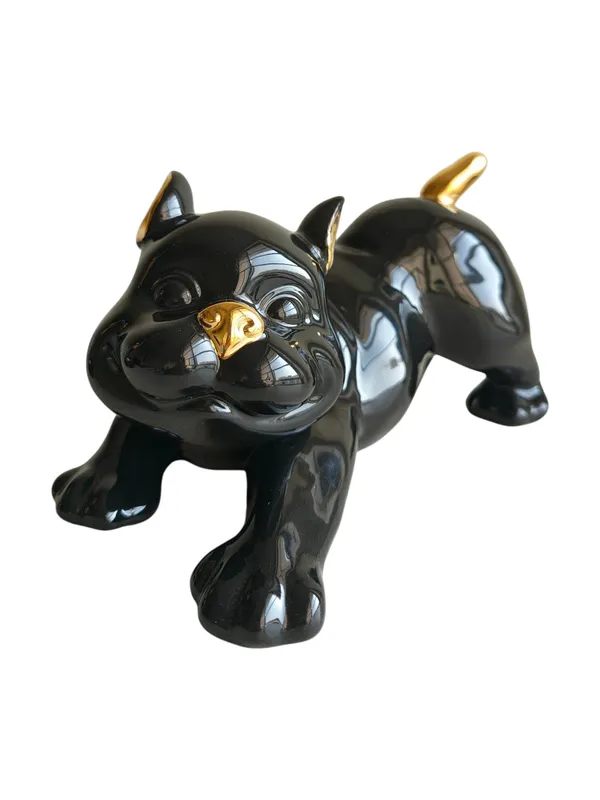 Playful_French_Bulldog_-_Glossy_Black_&_Gold_Ceramic_Dog_Sculpture_(Stretching_Pose)