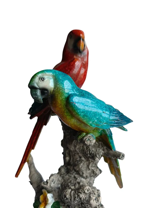 Tropical_Companions_-_Pair_of_Lovebird_Macaw_Parrots_Couple_Figurine