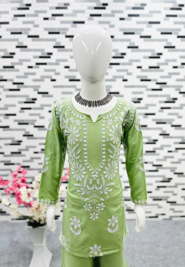 Green_New_Designer_Heavy_Rayon_Cotton_Top_with_Sharara_For_Girls