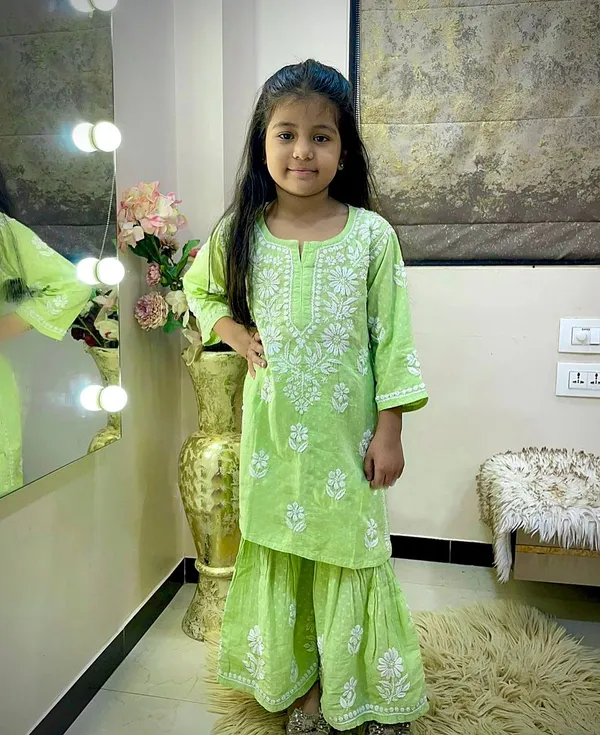 Green_New_Designer_Heavy_Rayon_Cotton_Top_with_Sharara_For_Girls