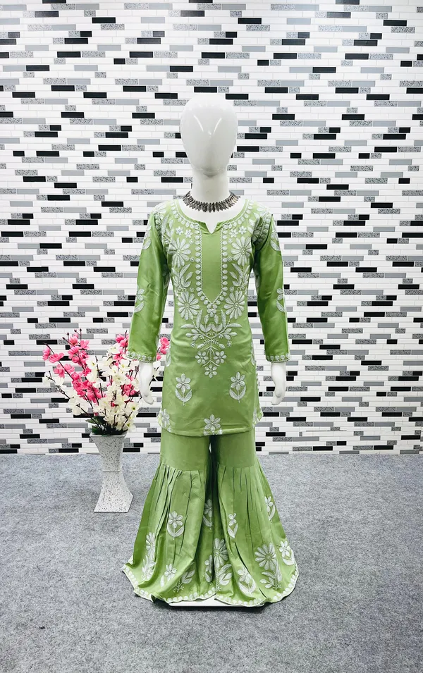 Green_New_Designer_Heavy_Rayon_Cotton_Top_with_Sharara_For_Girls