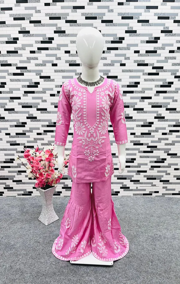 Pink_New_Designer_Heavy_Rayon_Cotton_Top_with_Sharara_For_Girls