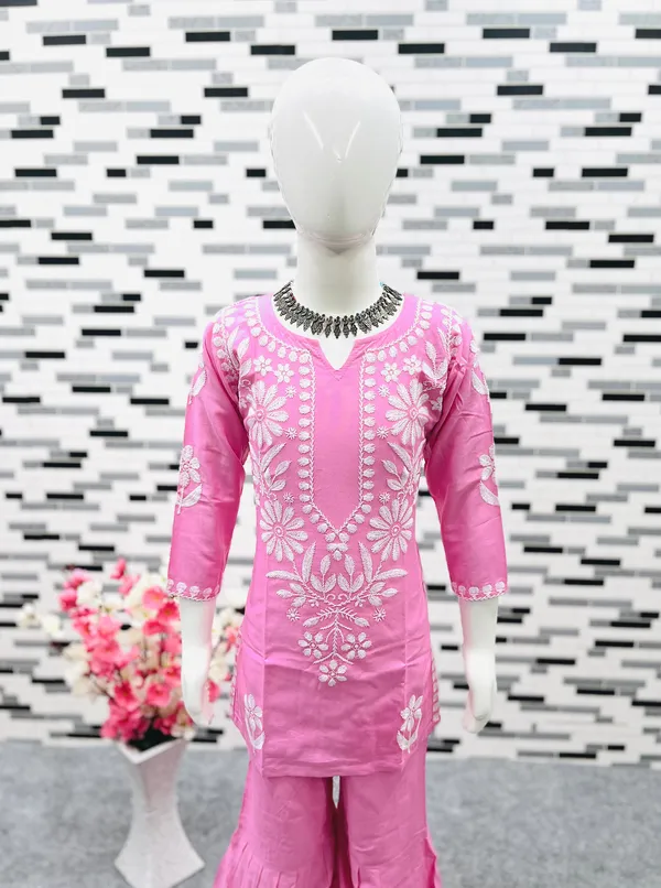 Pink_New_Designer_Heavy_Rayon_Cotton_Top_with_Sharara_For_Girls