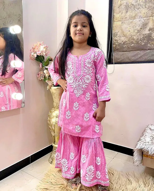 Pink_New_Designer_Heavy_Rayon_Cotton_Top_with_Sharara_For_Girls