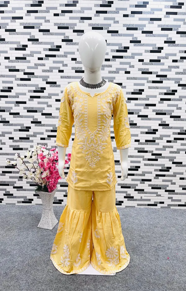 Yellow_New_Designer_Heavy_Rayon_Cotton_Top_with_Sharara_For_Girls