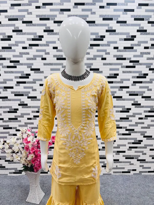 Yellow_New_Designer_Heavy_Rayon_Cotton_Top_with_Sharara_For_Girls