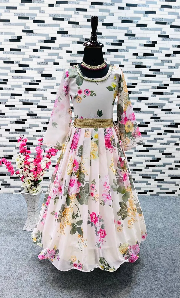 White_New_Designer_Heavy_Faux_Georgette_Digital_Print_Gown_For_Girls