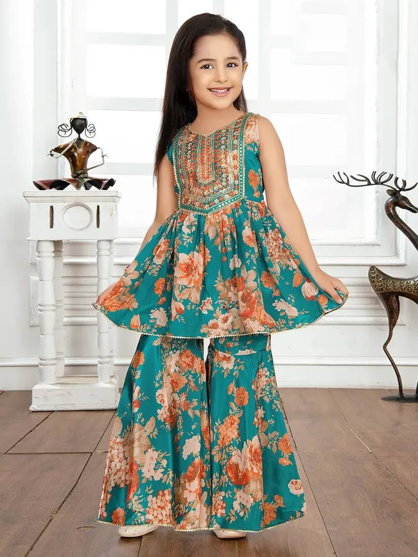 Green_Full_Stitched_Top_With_Sharara_And_Dupatta_For_Girls