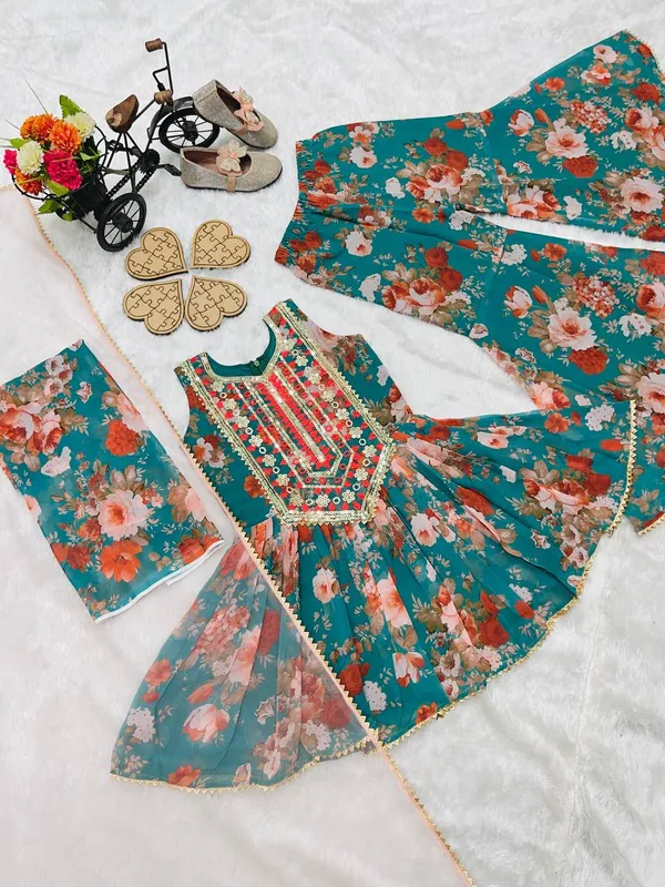 Green_Full_Stitched_Top_With_Sharara_And_Dupatta_For_Girls