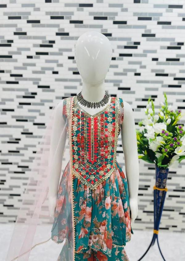 Green_Full_Stitched_Top_With_Sharara_And_Dupatta_For_Girls