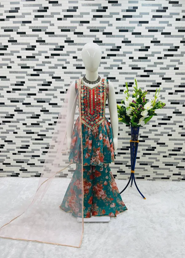 Green_Full_Stitched_Top_With_Sharara_And_Dupatta_For_Girls