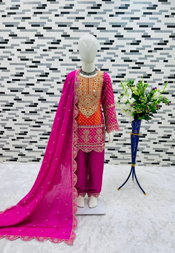 Pink_Pure_Chinon_With_Heavy_Embroidery_Cording_Dori-Sequins_Work_Fully_Stitched_Top_&_Bottom_And_Dupatta_Set_For_Girls