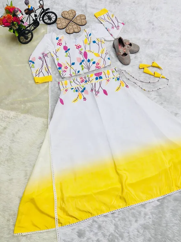 White_&_Yellow_Heavy_Natural_Crepe_Silk_Lehenga_Choli_Set_For_Girls