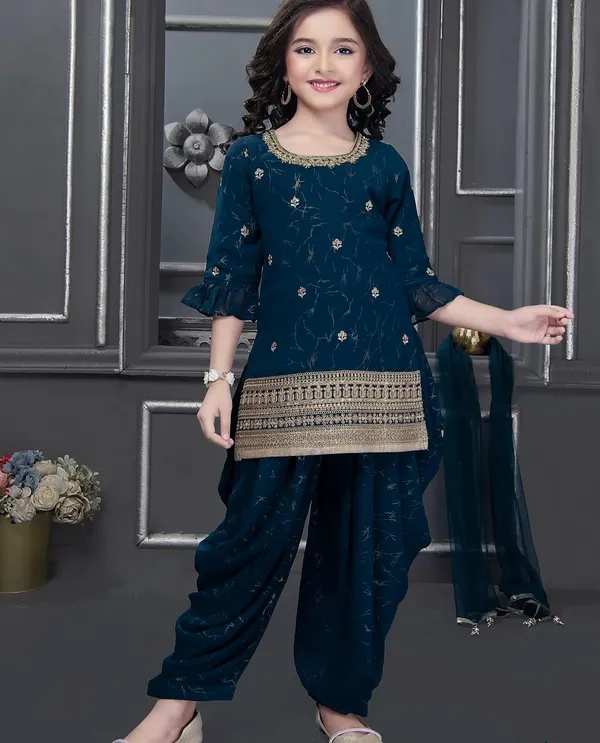 Blue_Top_With_Dhoti_Full_Stitched_Salwar_And_Dupatta_For_Girls