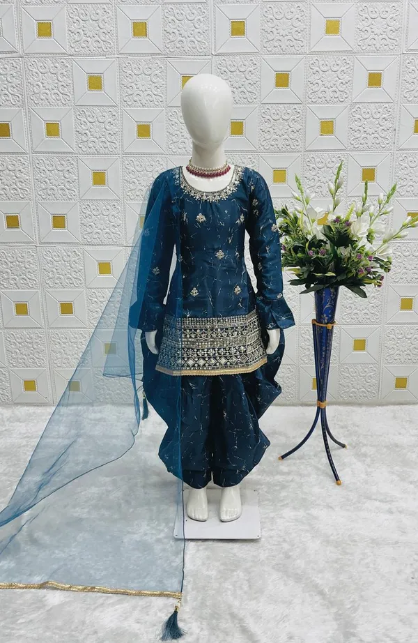 Blue_Top_With_Dhoti_Full_Stitched_Salwar_And_Dupatta_For_Girls