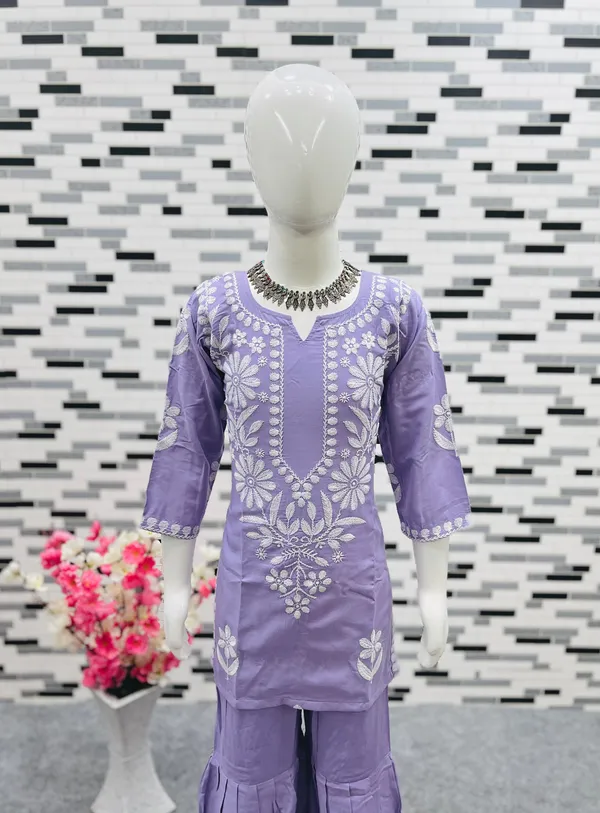 Purple_New_Designer_Heavy_Rayon_Cotton_Top_with_Sharara_For_Girls
