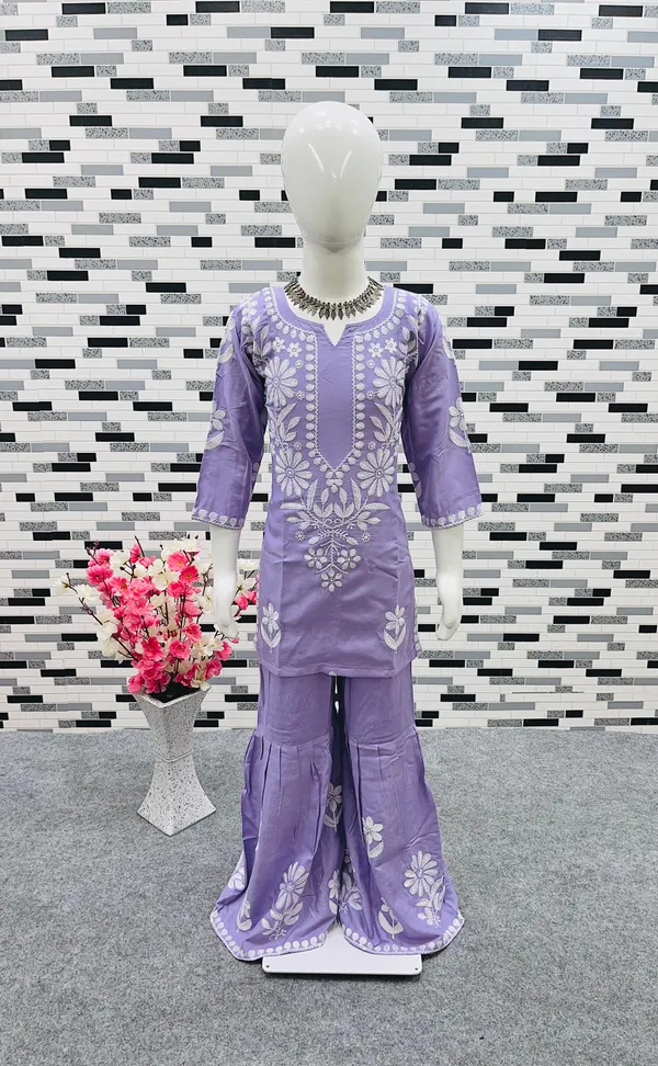 Purple_New_Designer_Heavy_Rayon_Cotton_Top_with_Sharara_For_Girls