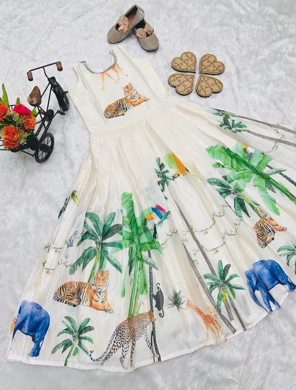 White_Heavy_Chinon_Silk_And_Koti_Set_With_Digital_Print_Work_Gown_For_Girls