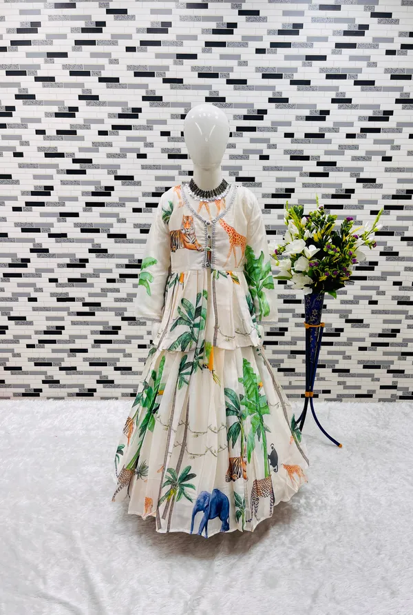 White_Heavy_Chinon_Silk_And_Koti_Set_With_Digital_Print_Work_Gown_For_Girls