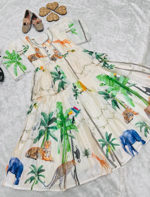 White_Heavy_Chinon_Silk_And_Koti_Set_With_Digital_Print_Work_Gown_For_Girls