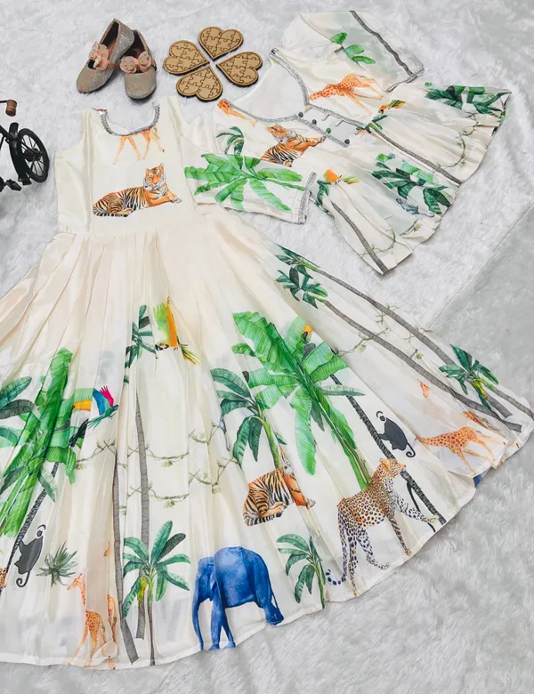 White_Heavy_Chinon_Silk_And_Koti_Set_With_Digital_Print_Work_Gown_For_Girls
