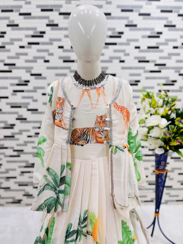 White_Heavy_Chinon_Silk_And_Koti_Set_With_Digital_Print_Work_Gown_For_Girls