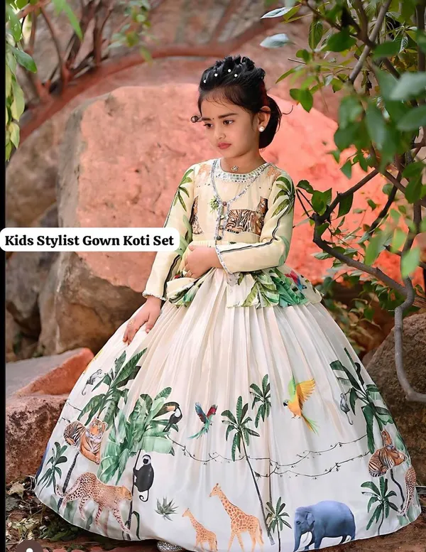 White_Heavy_Chinon_Silk_And_Koti_Set_With_Digital_Print_Work_Gown_For_Girls