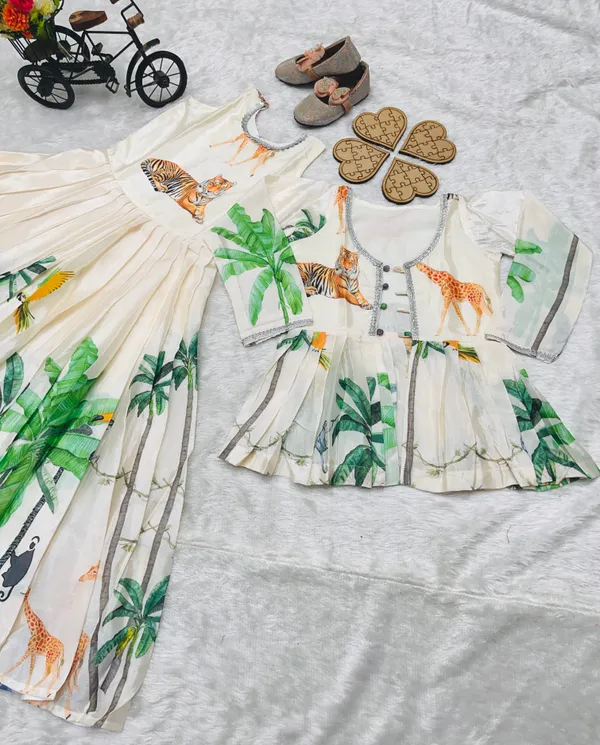 White_Heavy_Chinon_Silk_And_Koti_Set_With_Digital_Print_Work_Gown_For_Girls