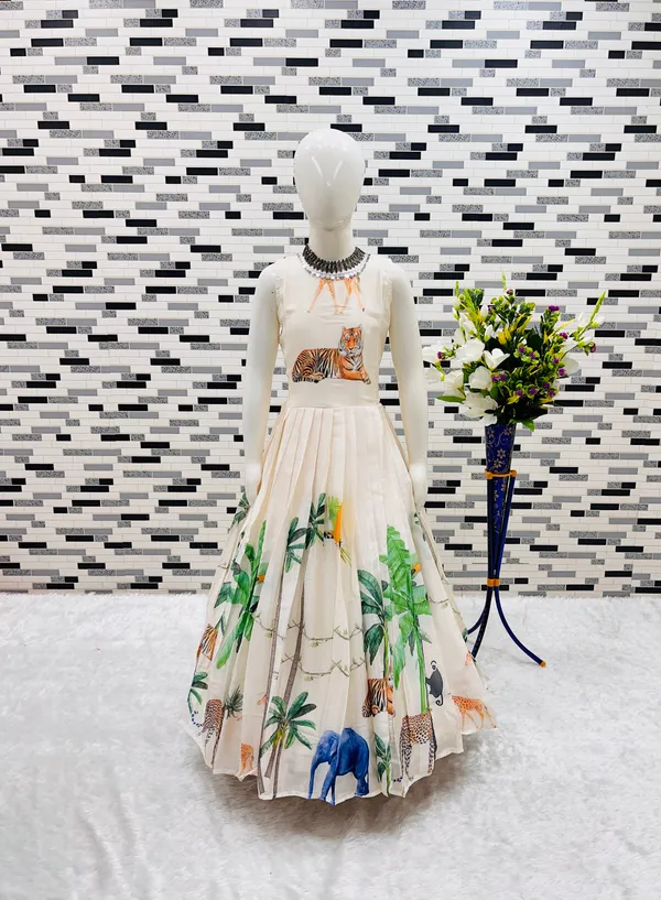 White_Heavy_Chinon_Silk_And_Koti_Set_With_Digital_Print_Work_Gown_For_Girls
