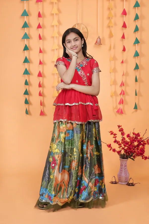 Green_New_Designer_Kedia_Style_Fully_Stitched_Lehenga_Set_For_Girls