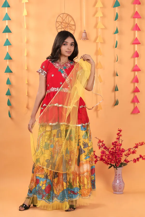 Yellow_New_Designer_Kedia_Style_Fully_Stitched_Lehenga_Set_For_Girls