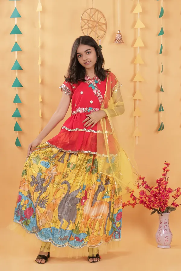 Yellow_New_Designer_Kedia_Style_Fully_Stitched_Lehenga_Set_For_Girls