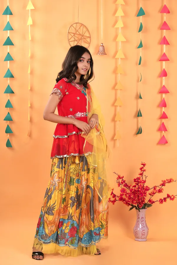 Yellow_New_Designer_Kedia_Style_Fully_Stitched_Lehenga_Set_For_Girls