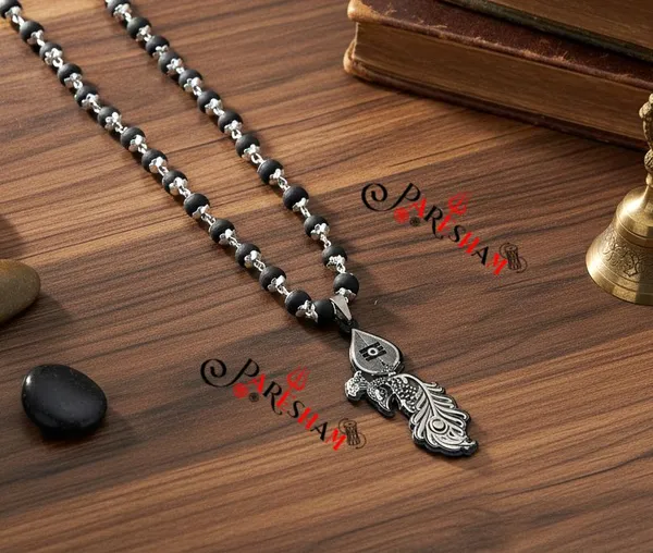Karungali_Mala_with_Murugan_Vel_Peacock_Locket_Silver_Plated__|__Original_Karungali_Eony_Wood_Mala_Best_Quality