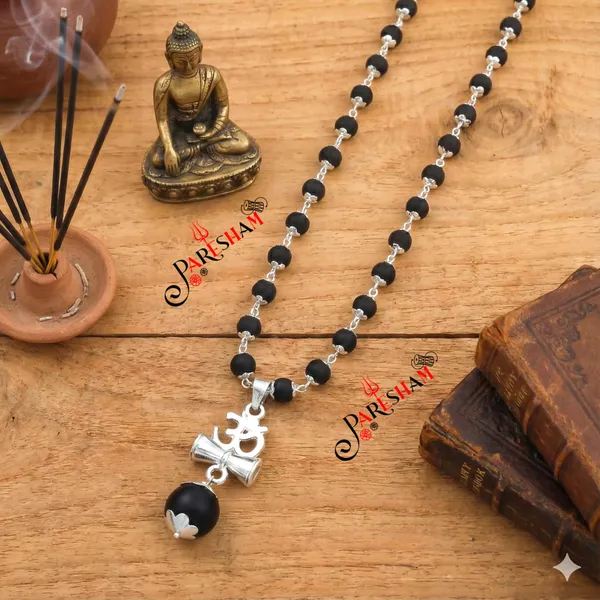 Orignal_Ebony_wood_karungali_Beads_Om_Damru_Locket_mala_||_orignal_Ebony_wood_karungali_Beads_Malai_||_silver_plated_chain_||_karungali_silver_plated_mala_