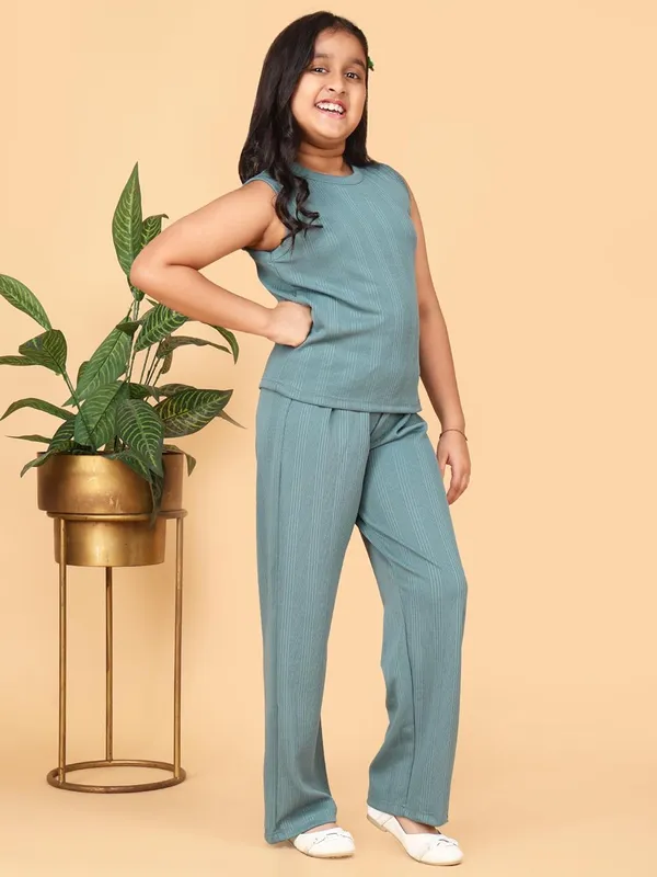 Green_Sleeveless_Ribbed_Co-Ord_Set_With_Wide_Leg_Pants_For_Girls