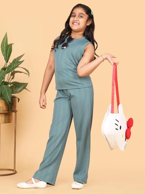 Green_Sleeveless_Ribbed_Co-Ord_Set_With_Wide_Leg_Pants_For_Girls