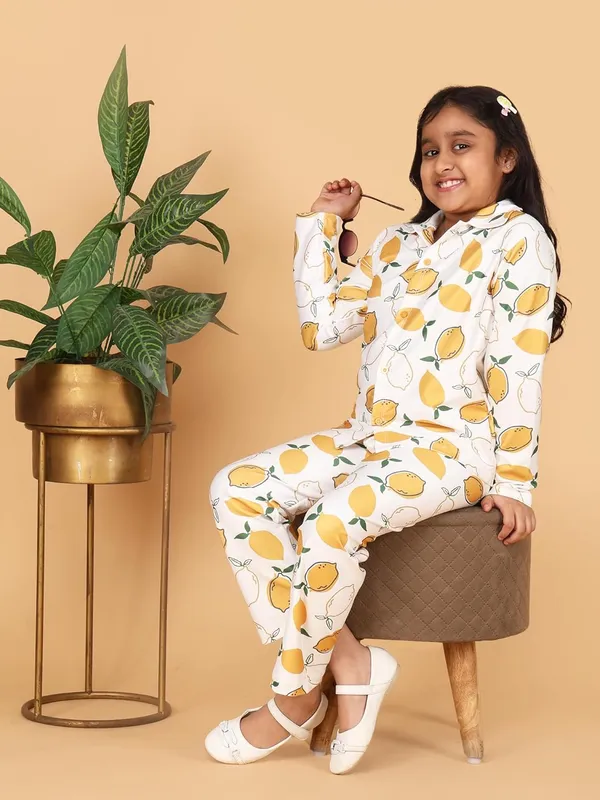 White_Lemon_Print_Cotton_Full_Sleeve_Shirt_With_Pants_Co-Ord_Set_For_Girls