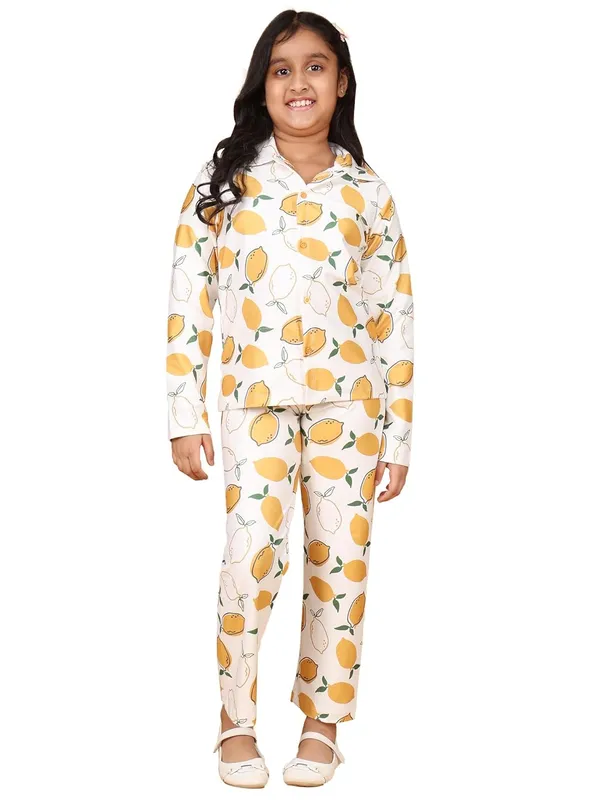 White_Lemon_Print_Cotton_Full_Sleeve_Shirt_With_Pants_Co-Ord_Set_For_Girls