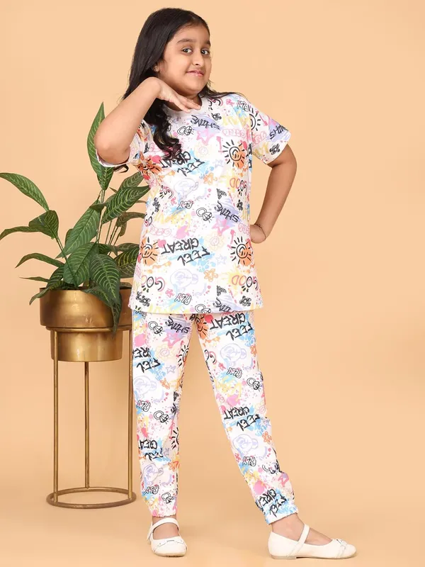 White_Graffiti_Print_Cotton_Jersey_T-Shirt_And_Pants_Co-Ord_Set_For_Kids