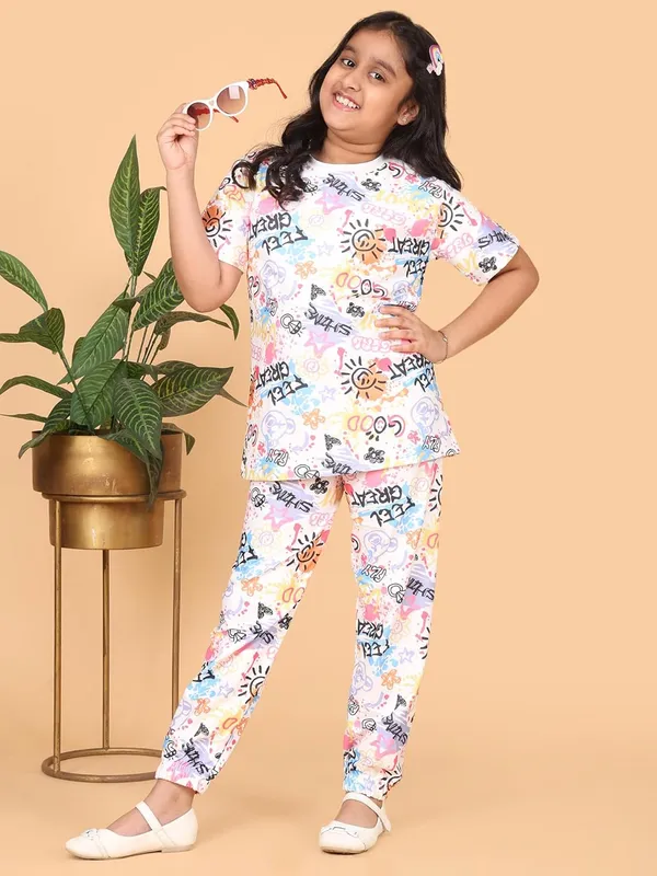White_Graffiti_Print_Cotton_Jersey_T-Shirt_And_Pants_Co-Ord_Set_For_Kids