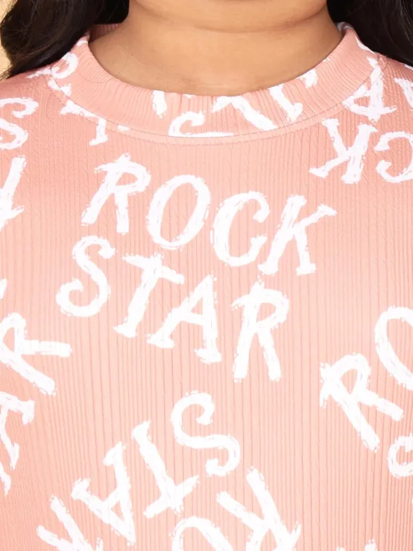Peach_Cotton_Rock_Star_Print_Half_Sleeve_Round_Neck_T-Shirt,_Casual_Summer_Wear_For_Girls