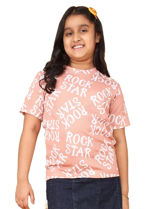 Peach_Cotton_Rock_Star_Print_Half_Sleeve_Round_Neck_T-Shirt,_Casual_Summer_Wear_For_Girls