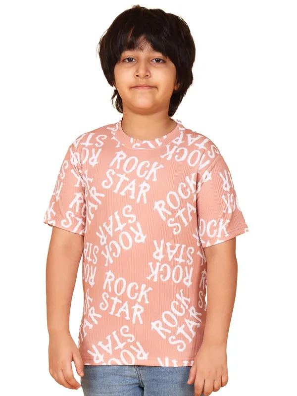 Peach_Cotton_Rock_Star_Print_Short_Sleeve_Round_Neck_T-Shirt,_Regular_Fit,_Casual_Wear_For_Kids