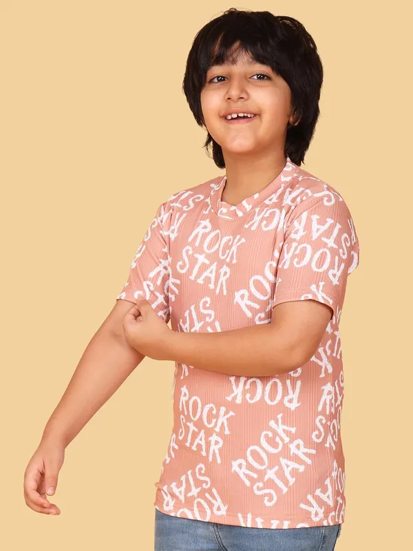 Peach_Cotton_Rock_Star_Print_Short_Sleeve_Round_Neck_T-Shirt,_Regular_Fit,_Casual_Wear_For_Kids