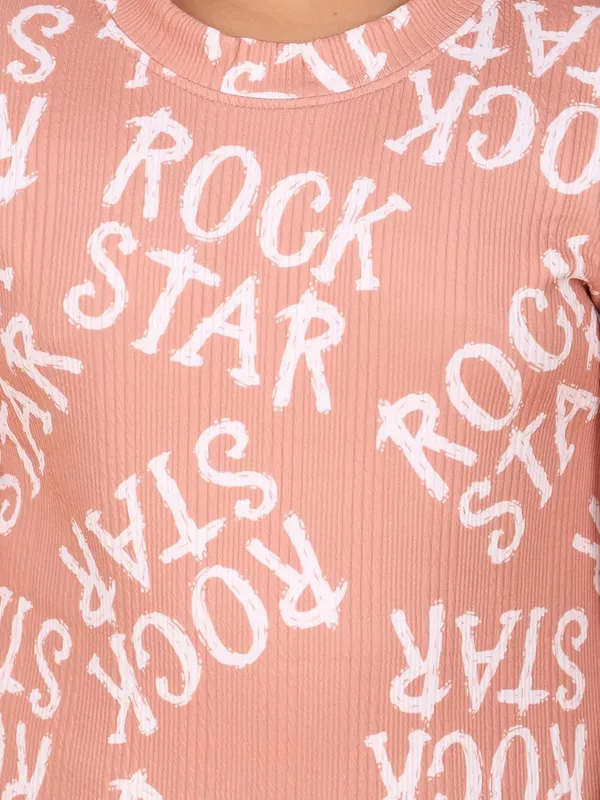 Peach_Cotton_Rock_Star_Print_Short_Sleeve_Round_Neck_T-Shirt,_Regular_Fit,_Casual_Wear_For_Kids